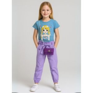 طقم بنطلون وتيشيرت للأطفال لون أزرق و بنفسجي