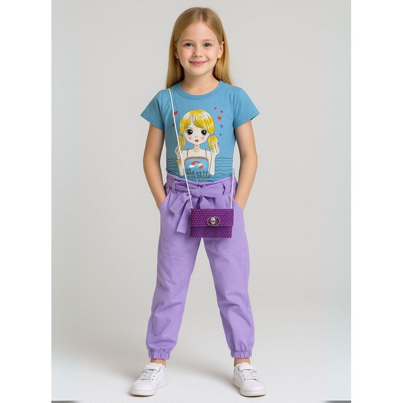 طقم بنطلون وتيشيرت للأطفال لون أزرق و بنفسجي