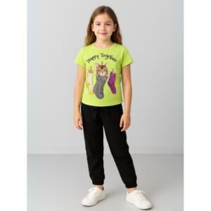 طقم بنطلون وتيشيرت للأطفال لون أصفر وأسود