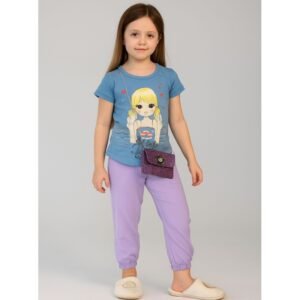 طقم بنطلون وتيشيرت للأطفال لون أصفر وبنفسجي
