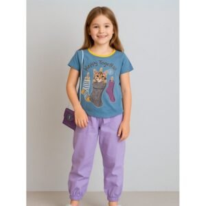 طقم بنطلون وتيشيرت للأطفال لون بيج وبنفسجي