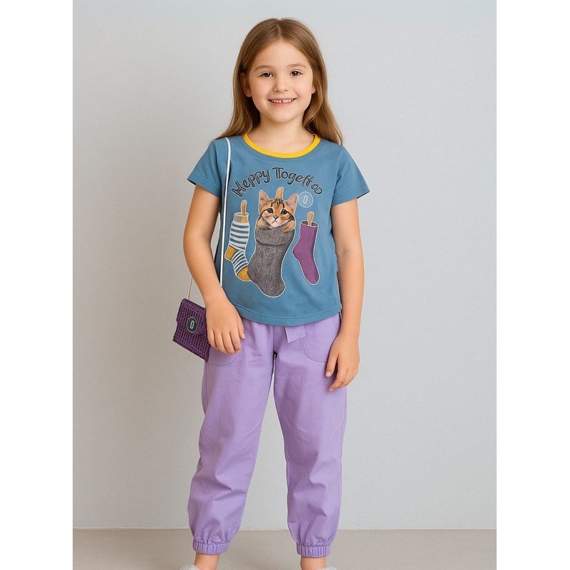 طقم بنطلون وتيشيرت للأطفال لون بيج وبنفسجي