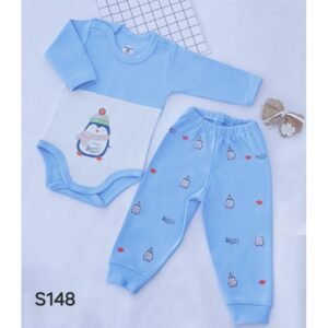 طقم بيبي قطعتين رسمة بطريق لون أزرق