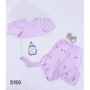 طقم بيبي قطعتين رسمة بطريق لون زهري