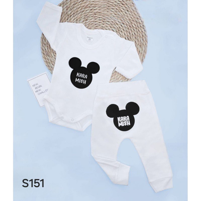 طقم بيبي قطعتين رسمة ميكي لون أبيض