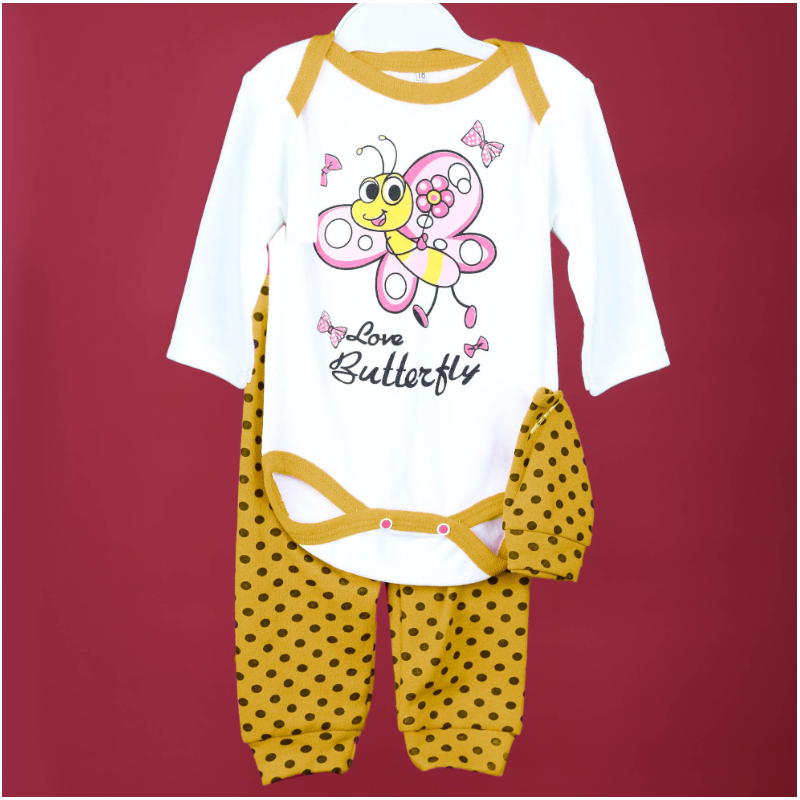 طقم تبان بأكمام طويلة وبنطلون وطاقية برسوم نحلة للأطفال لون أبيض وأصفر