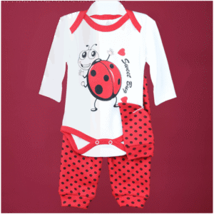 طقم تبان بأكمام طويلة وبنطلون وطاقية للأطفال لون أحمر وأصفر