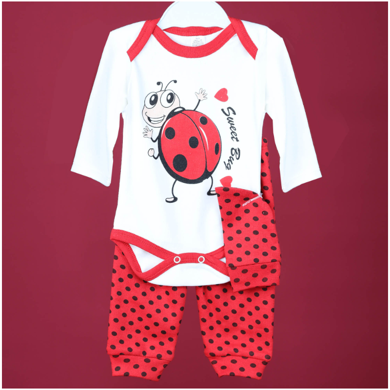 طقم تبان بأكمام طويلة وبنطلون وطاقية للأطفال لون أحمر وأصفر