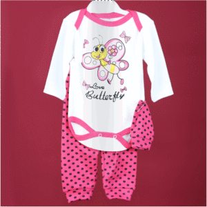 طقم تبان بأكمام طويلة وبنطلون وطاقية للأطفال لون فوشي وأبيض