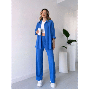 طقم تريندول مُكون من قطعتين (قميص+بنطلون) للنساء لون أزرق