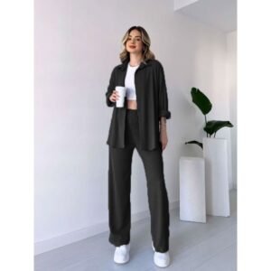 طقم تريندول مُكون من قطعتين (قميص+بنطلون) للنساء لون أسود