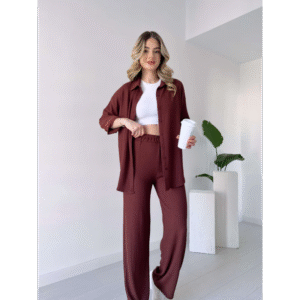 طقم تريندول مُكون من قطعتين (قميص+بنطلون) للنساء لون بني