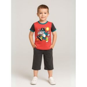 طقم تيشيرت وشورت للأطفال لون أحمر ورمادي