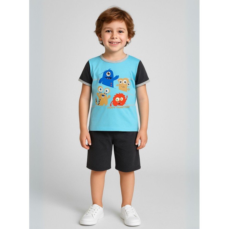طقم تيشيرت وشورت للأطفال لون أزرق وأسود
