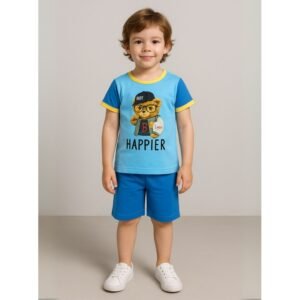 طقم تيشيرت وشورت للأطفال لون أزرق وتركواز