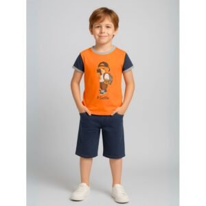 طقم تيشيرت وشورت للأطفال لون برتقالي وكحلي