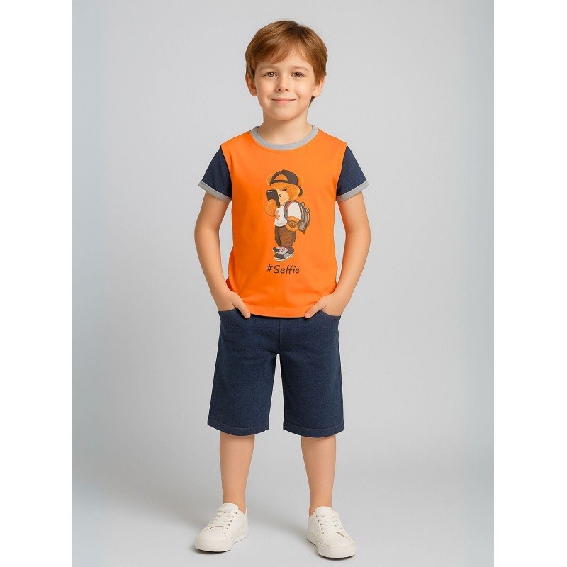 طقم تيشيرت وشورت للأطفال لون برتقالي وكحلي