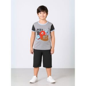 طقم تيشيرت وشورت للأطفال لون سكني وأسود