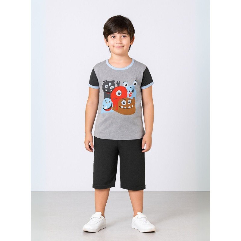 طقم تيشيرت وشورت للأطفال لون سكني وأسود