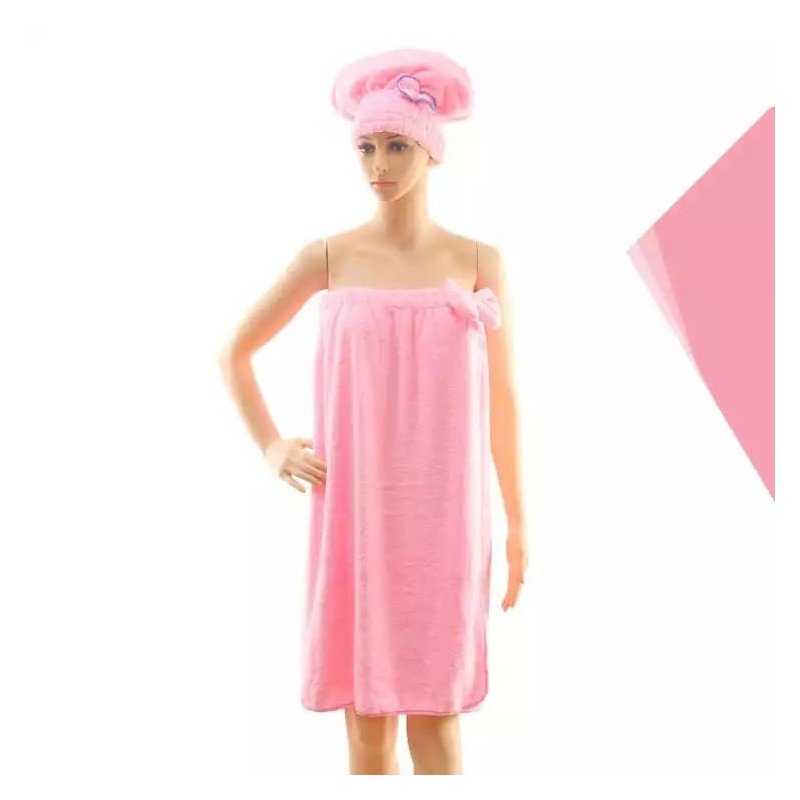 طقم روب حمام مع منشفة شعر لون زهري