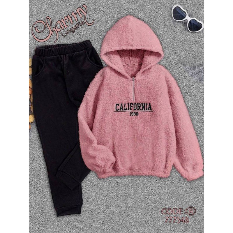 طقم ستاتي فرو خميل لون زهري One Size