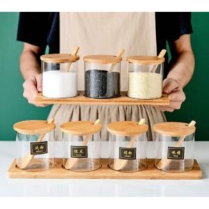 طقم سكريات اربع قطع مع ستاند خشب ومعالق خشب