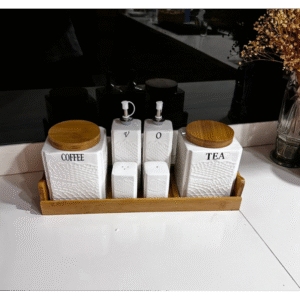 طقم سكريات للشاي والقهوة لون أبيض مع صينية بامبو
