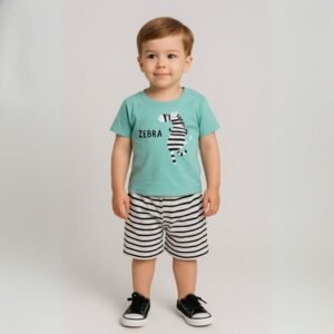 طقم قطعتين بأكمام قصيرة مع شورت للأطفال لون أخضر