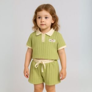 طقم قطعتين بأكمام قصيرة مع شورت للأطفال لون أخضر