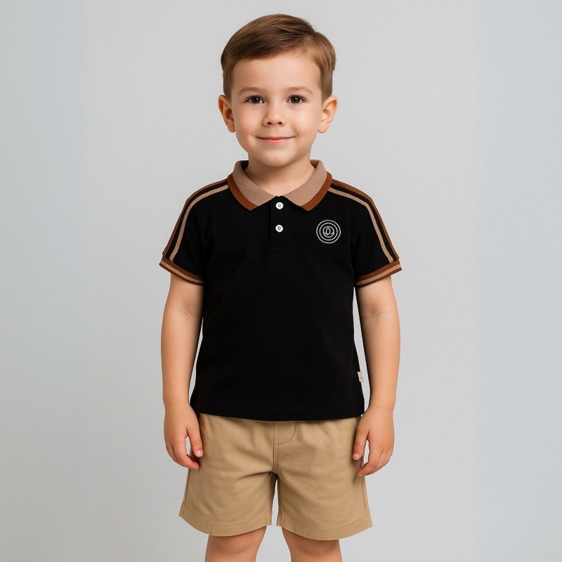 طقم قطعتين بأكمام قصيرة مع شورت للأطفال لون أسود