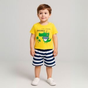 طقم قطعتين بأكمام قصيرة مع شورت للأطفال لون أصفر
