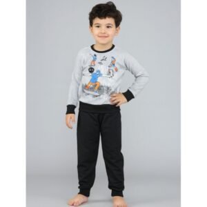 طقم قطعتين بلوزة وبنطلون ولادي لون سكني وأسود