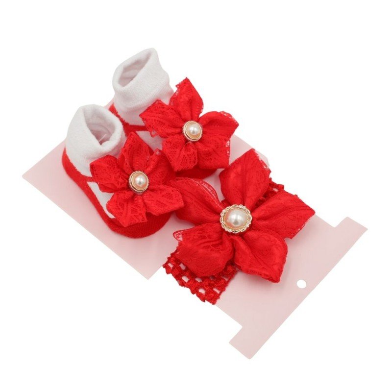 طقم قطعتين جرابات وطوق للشعر للأطفال لون أحمر