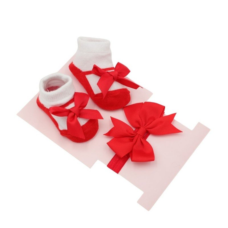 طقم قطعتين جرابات وطوق للشعر للأطفال لون أحمر