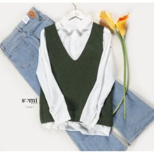 طقم قميص مع فست صوف لون أخضر وأبيض