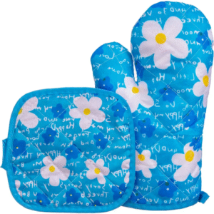 طقم كفوف ومساكة قطعتين بتصميم تفاح زهرة لون ازرق