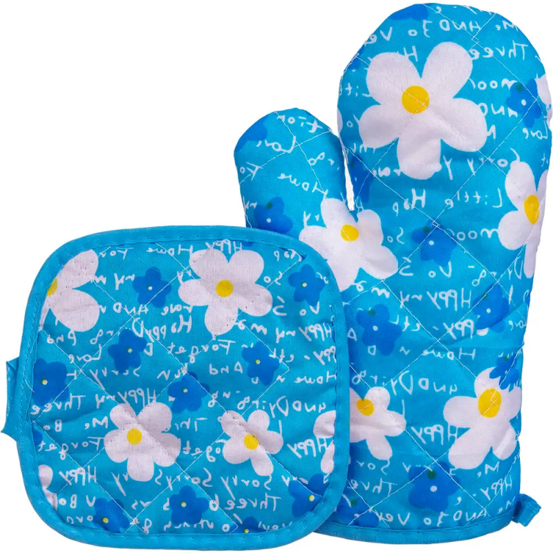 طقم كفوف ومساكة قطعتين بتصميم تفاح زهرة لون ازرق