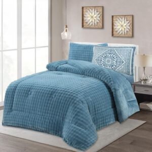 طقم لحاف شتوي (4 قطع) بالحجم المفرد ونص موديل Metro-05 لون أزرق