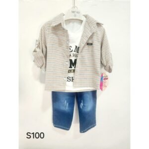 طقم للأطفال 3 قطع مخطط لون بيج ( قميص ، بلوزة ، بنطال جينز مغيط )