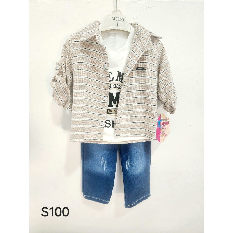 طقم للأطفال 3 قطع مخطط لون بيج ( قميص ، بلوزة ، بنطال جينز مغيط )