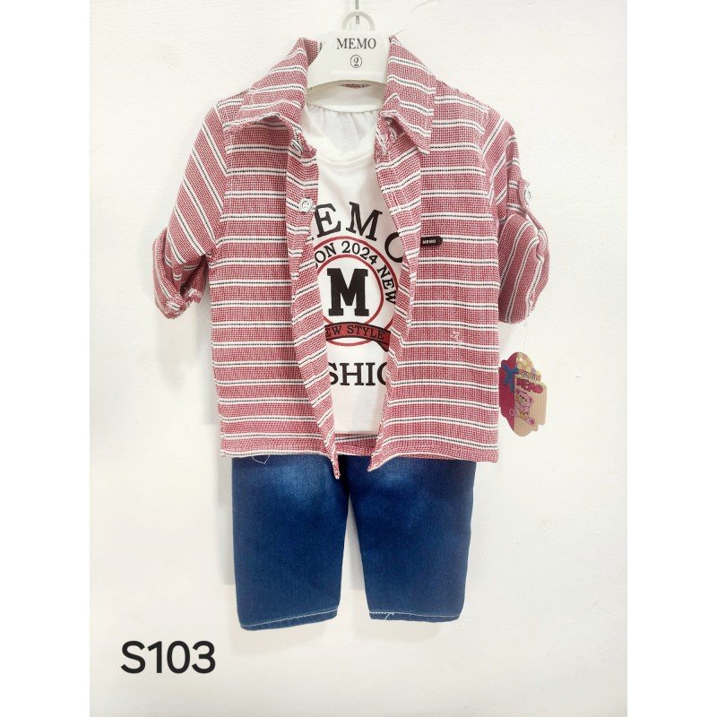 طقم للأطفال 3 قطع مخطط لون زهري ( قميص ، بلوزة ، بنطال جينز مغيط )