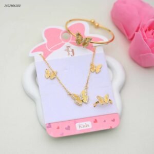 طقم للأطفال سوار+ سلسال+ و حلق+ وخاتم بفراشات لون ذهبي