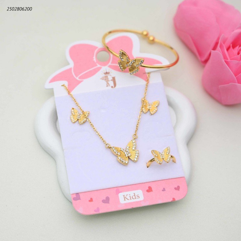 طقم للأطفال سوار+ سلسال+ و حلق+ وخاتم بفراشات لون ذهبي