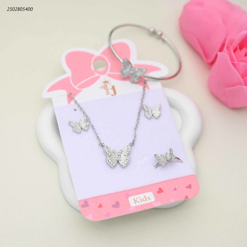 طقم للأطفال سوار+ سلسال+حلق+ وخاتم بفراشات لون فضي