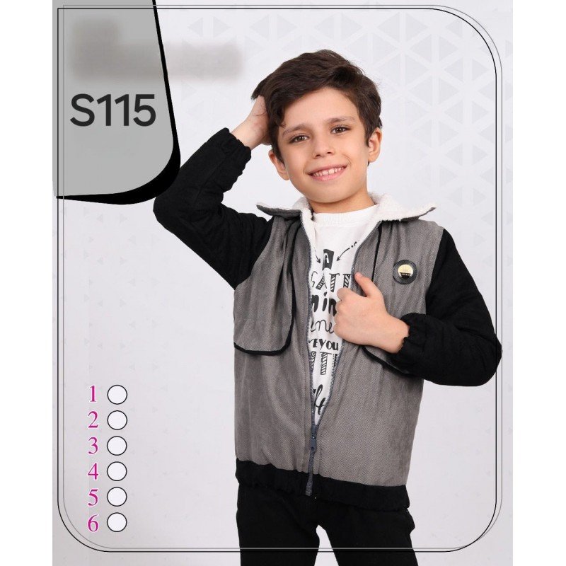 طقم للأطفال شتوي 3 قطع لون سكني (جاكيت ، بلوزة ، بنطال كتان)