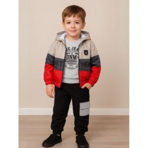 طقم مع جاكيت (3 قطع) للأطفال لون فضي وأسود