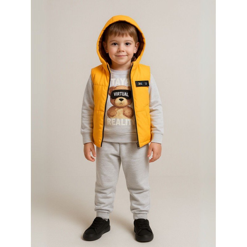 طقم مع فيزت(3 قطع) للأطفال لون أصفر وسكني