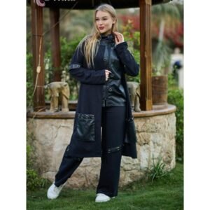 طقم نسائي جلد (3 قطع) بأكمام طويلة للنساء لون أسود