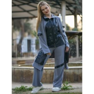 طقم نسائي جلد (3 قطع) بأكمام طويلة للنساء لون رمادي