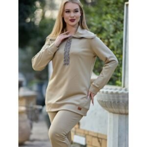 طقم نسائي (قطعتين) بأكمام طويلة للنساء لون بيج